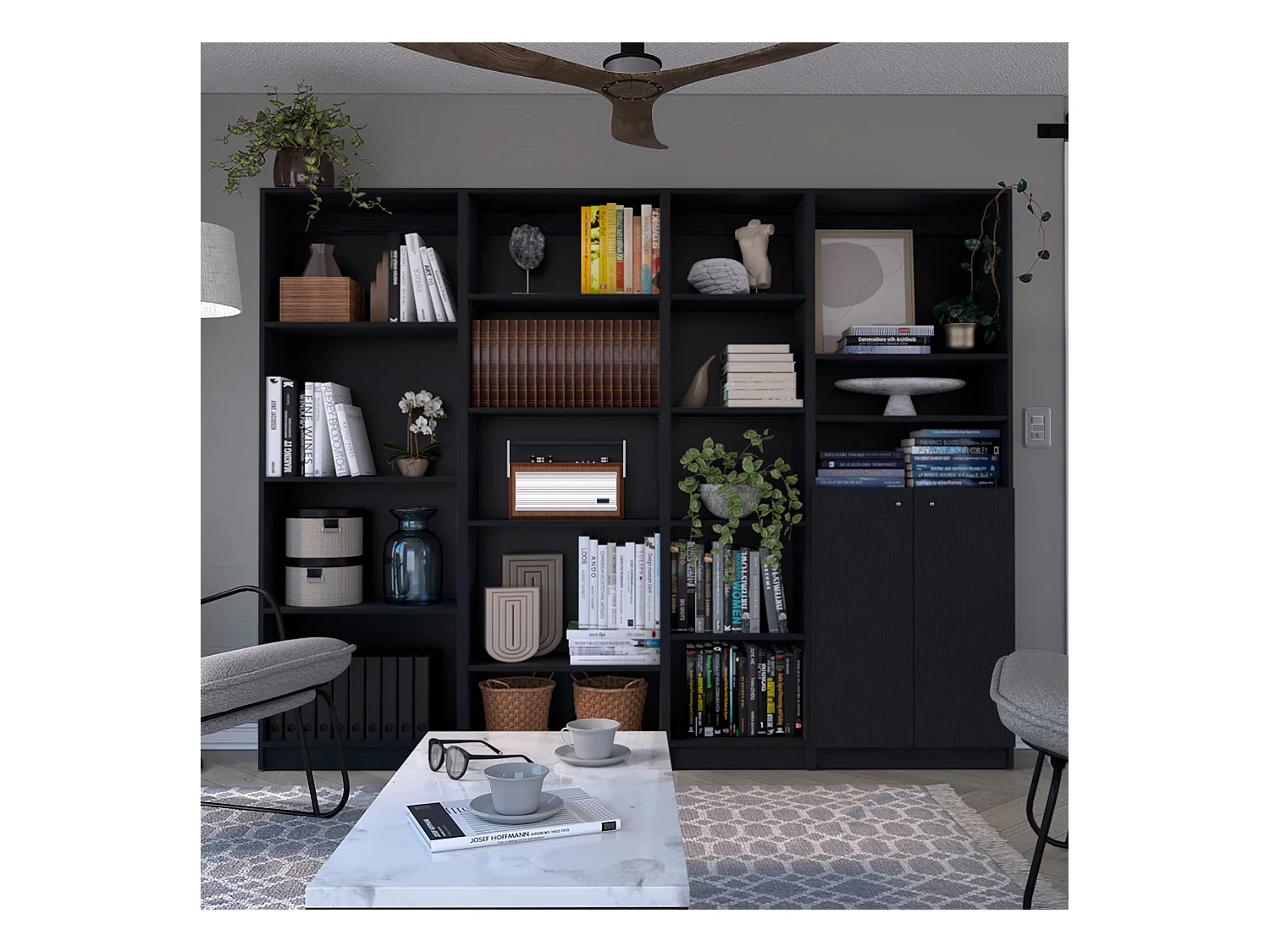 Misani Juego de Sala de 4 Piezas con 4 Libreros, Negro