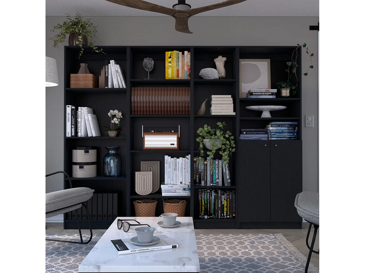 Misani Juego de Sala de 4 Piezas con 4 Libreros, Negro