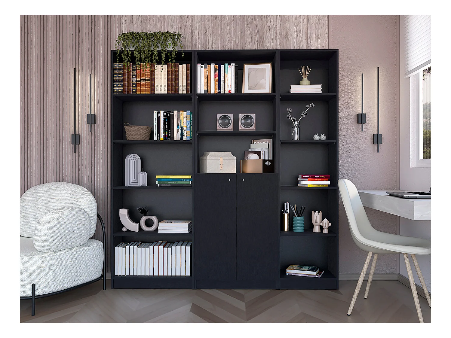 Tolleson Set da salotto 3 pezzi con 3 librerie, Nero