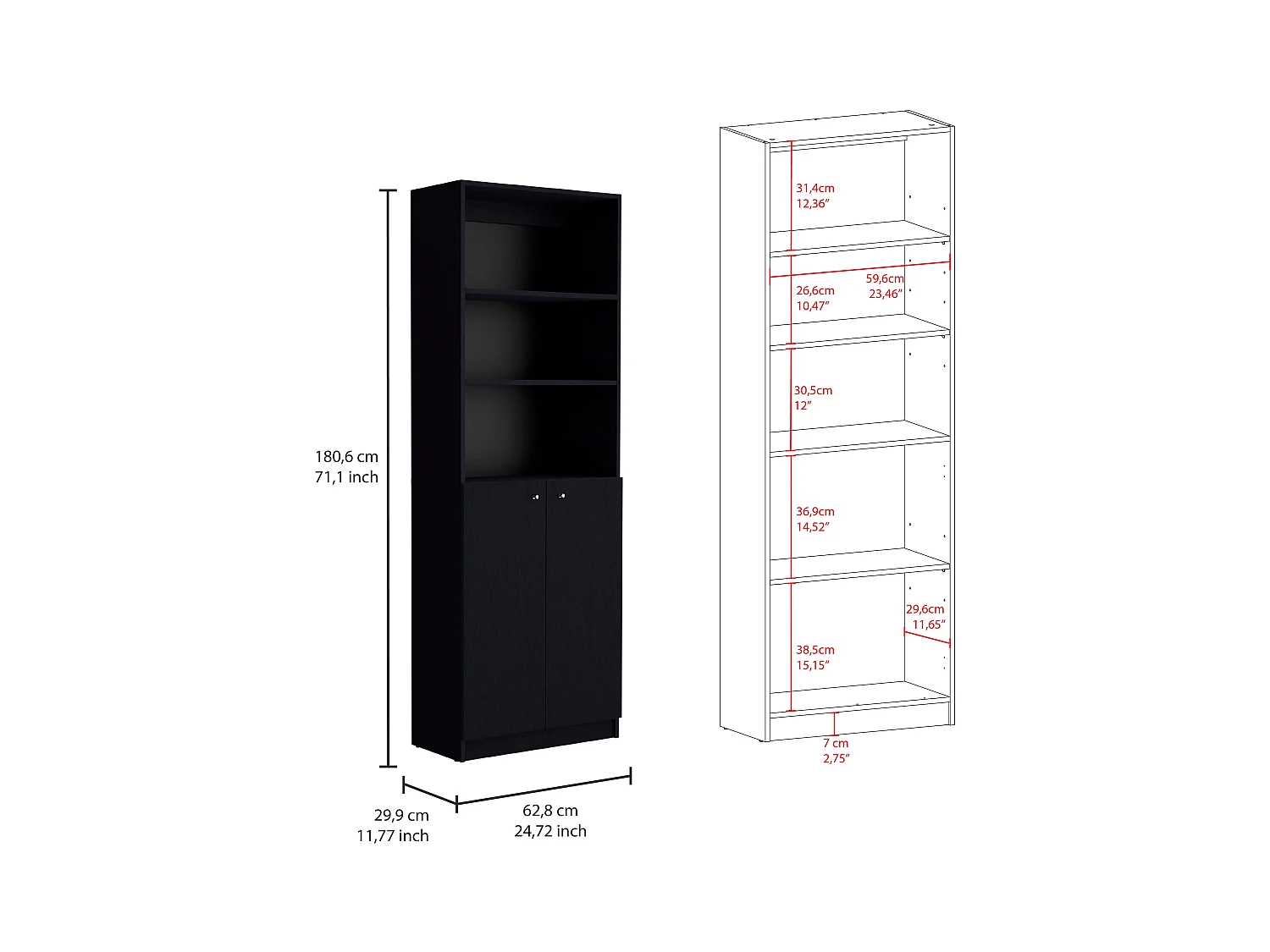 Oracle Set da salotto 3 pezzi con 3 librerie, Nero