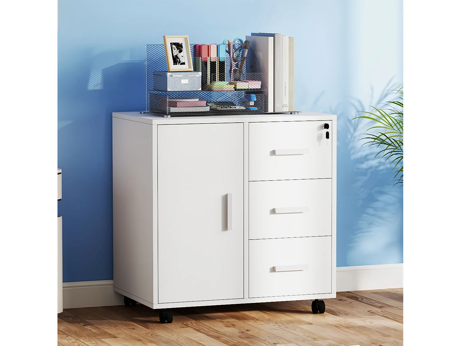 Classeur mobile - 3 tiroirs verrouillables - Support d'imprimante - 1 porte, 4 roulettes - 60 x 40 x 57 cm - Blanc
