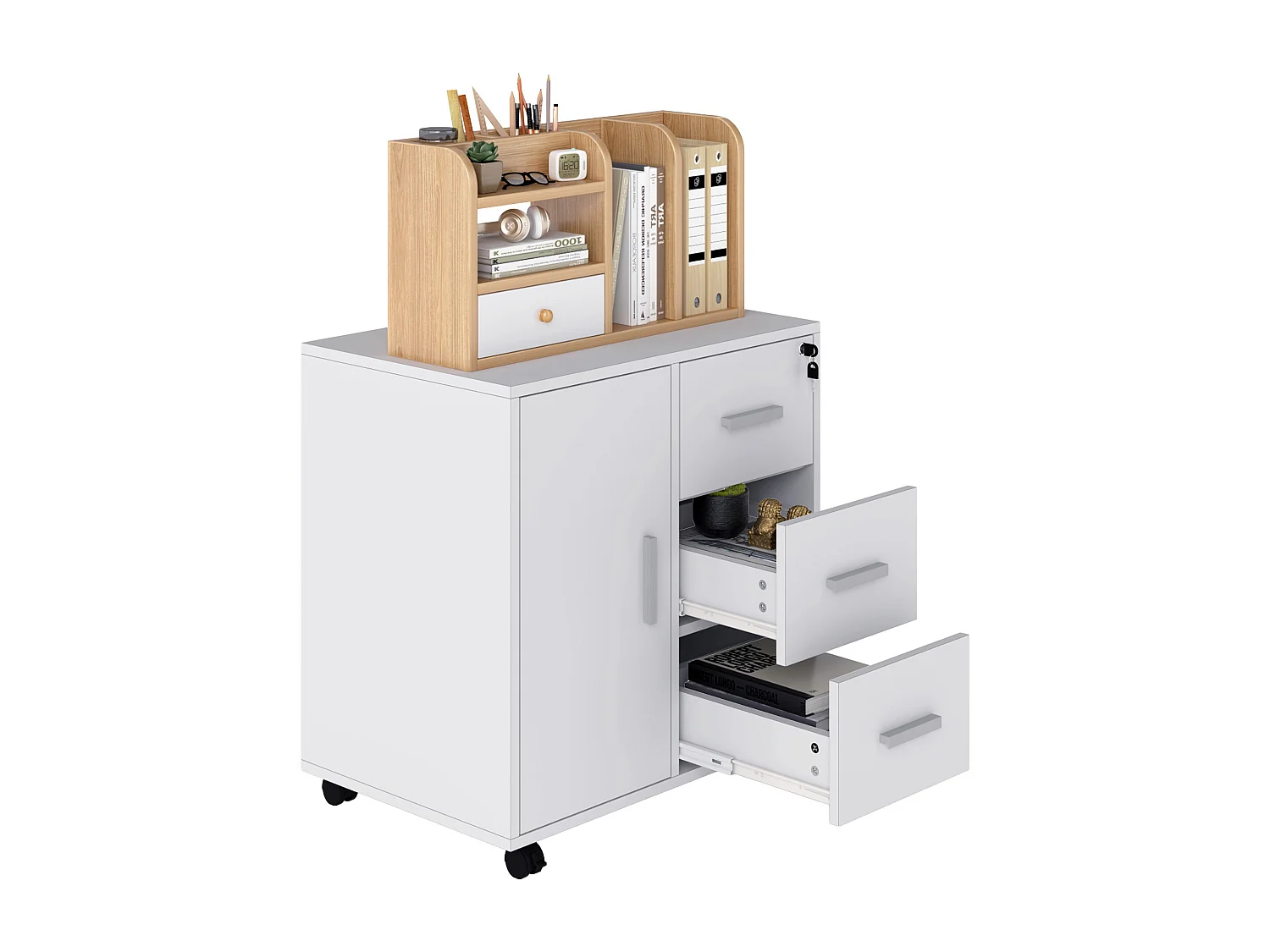 Classeur mobile - 3 tiroirs verrouillables - Support d'imprimante - 1 porte, 4 roulettes - 60 x 40 x 57 cm - Blanc