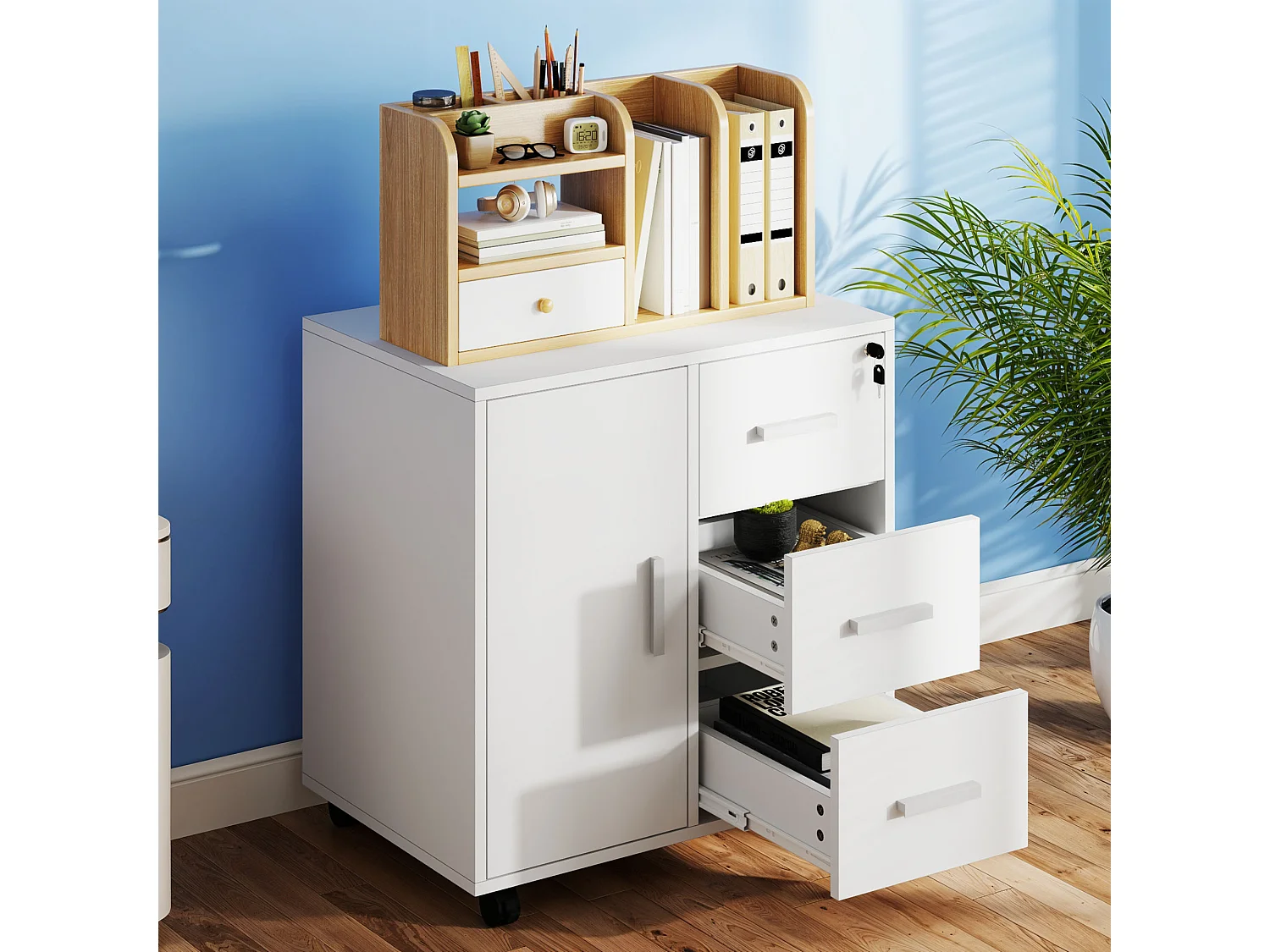 Classeur mobile - 3 tiroirs verrouillables - Support d'imprimante - 1 porte, 4 roulettes - 60 x 40 x 57 cm - Blanc