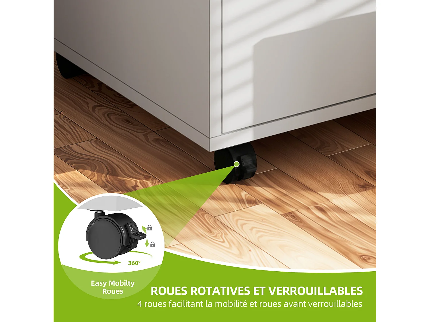 Classeur mobile - 3 tiroirs verrouillables - Support d'imprimante - 1 porte, 4 roulettes - 60 x 40 x 57 cm - Blanc
