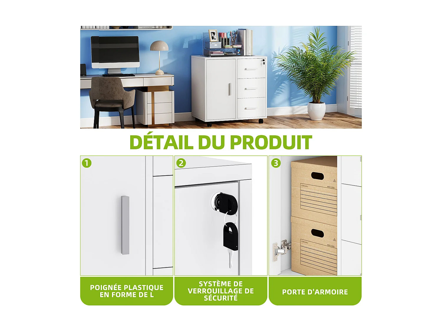 Classeur mobile - 3 tiroirs verrouillables - Support d'imprimante - 1 porte, 4 roulettes - 60 x 40 x 57 cm - Blanc