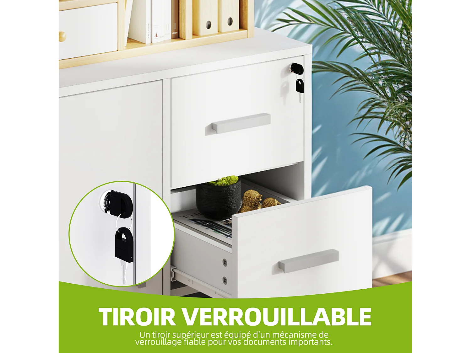 Classeur mobile - 3 tiroirs verrouillables - Support d'imprimante - 1 porte, 4 roulettes - 60 x 40 x 57 cm - Blanc