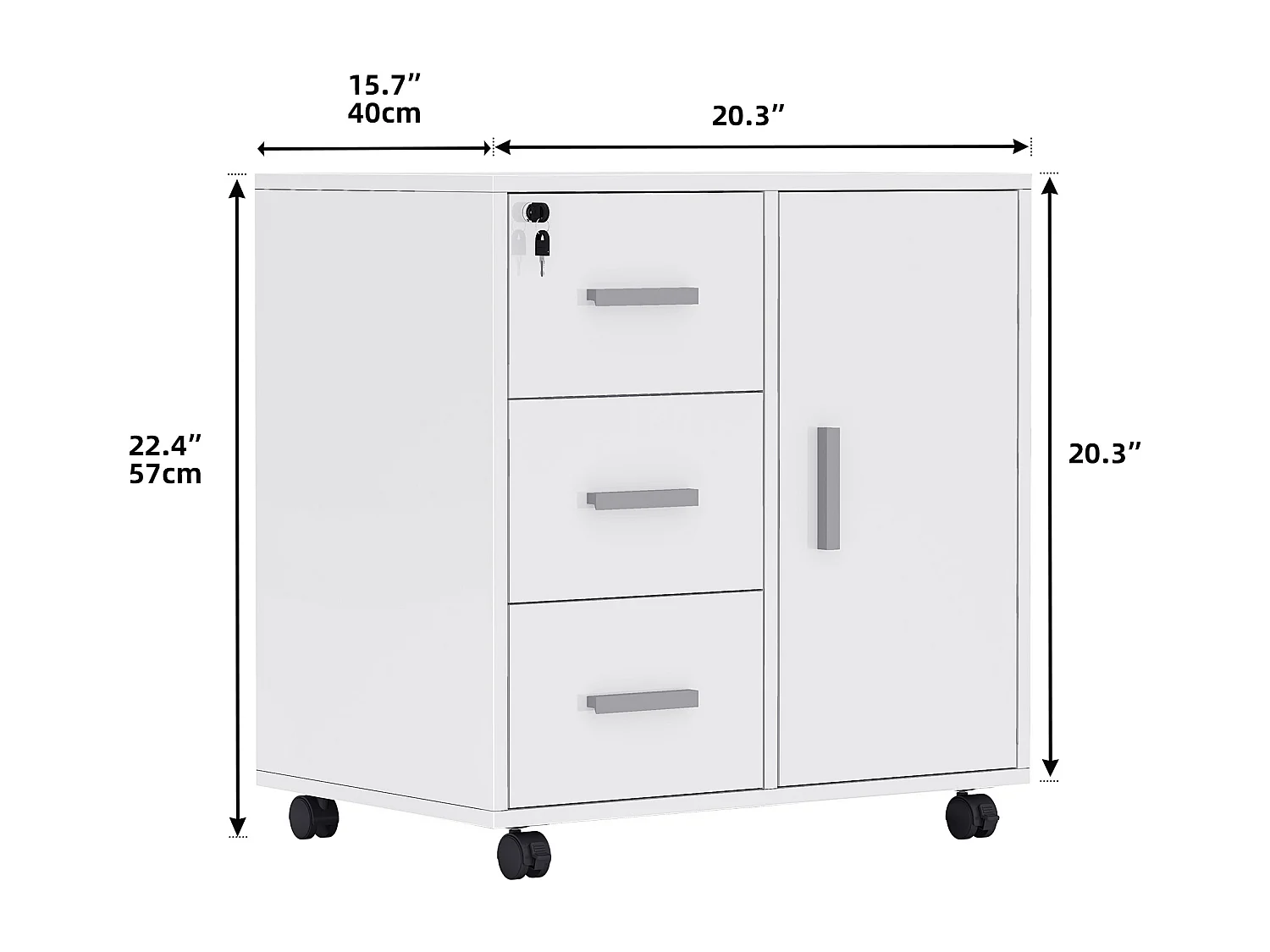Classeur mobile - 3 tiroirs verrouillables - Support d'imprimante - 1 porte, 4 roulettes - 60 x 40 x 57 cm - Blanc