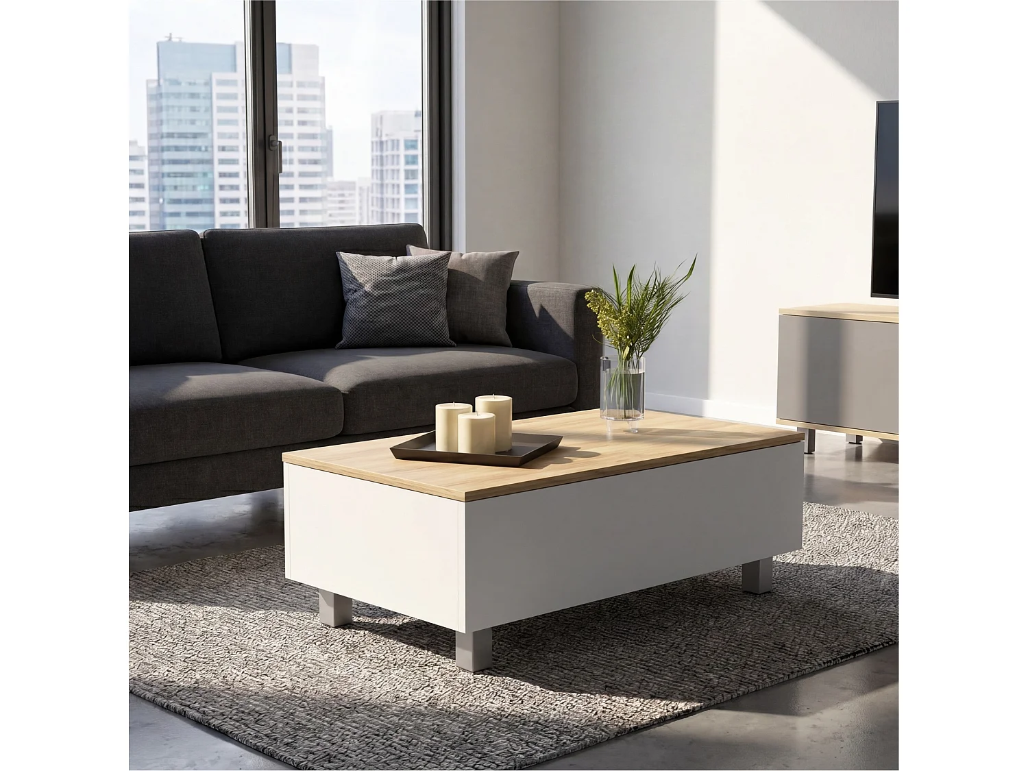 Mesa de centro elevatória Gambia de 80 cm, branco e carvalho areia