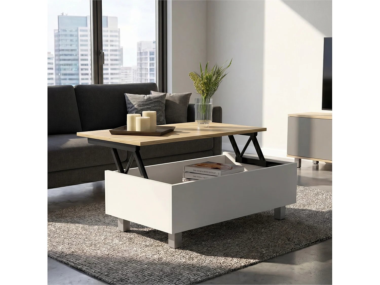 Mesa de centro elevatória Gambia de 80 cm, branco e carvalho areia