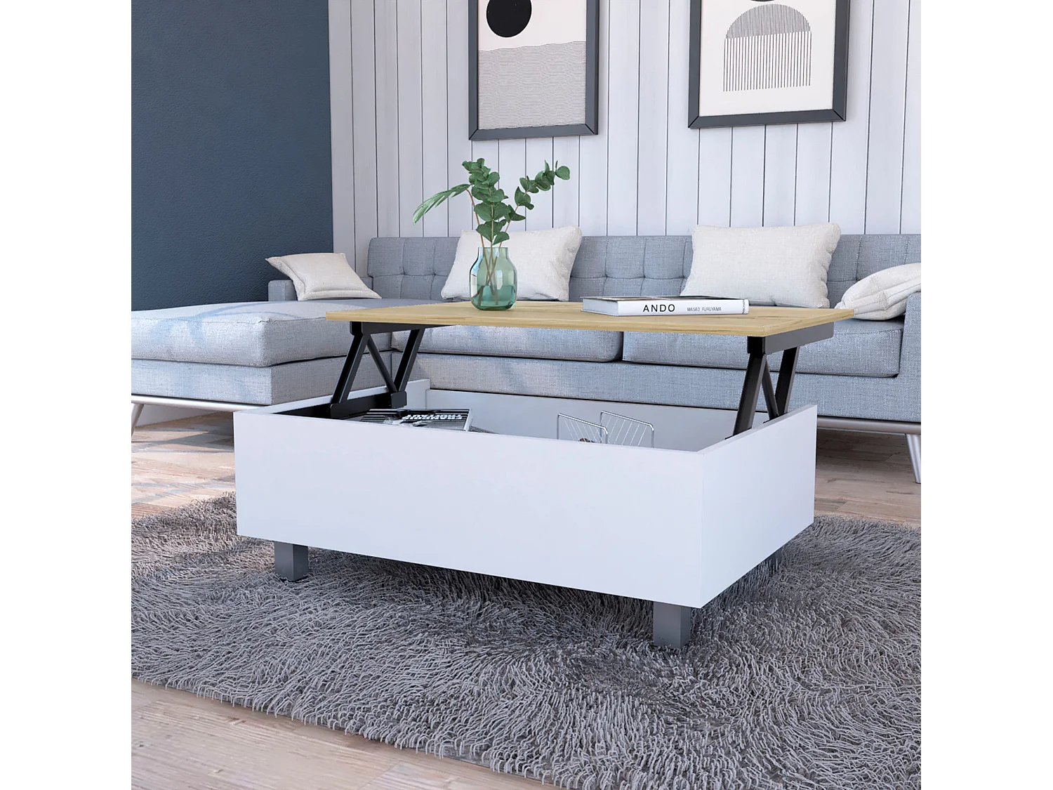 Mesa de centro elevatória Gambia de 80 cm, branco e carvalho areia