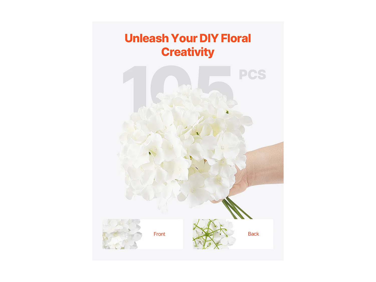 Hortensia Artificielle SucceBuy Fleurs Artificielles 250 mm, Bouquets de Fausses Fleurs Aspect Réaliste avec Tête 152,4 mm, Lot de 105, Blanc