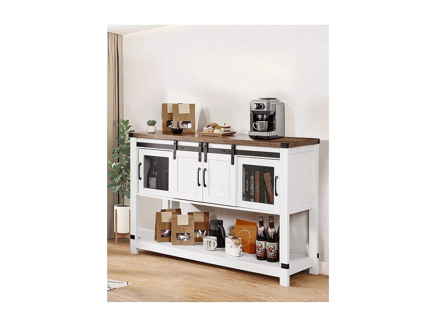 Meuble de Bar à Café SucceBuy, 120 x 39,8 x 83 cm, 4 Niveaux avec Portes Coulissantes