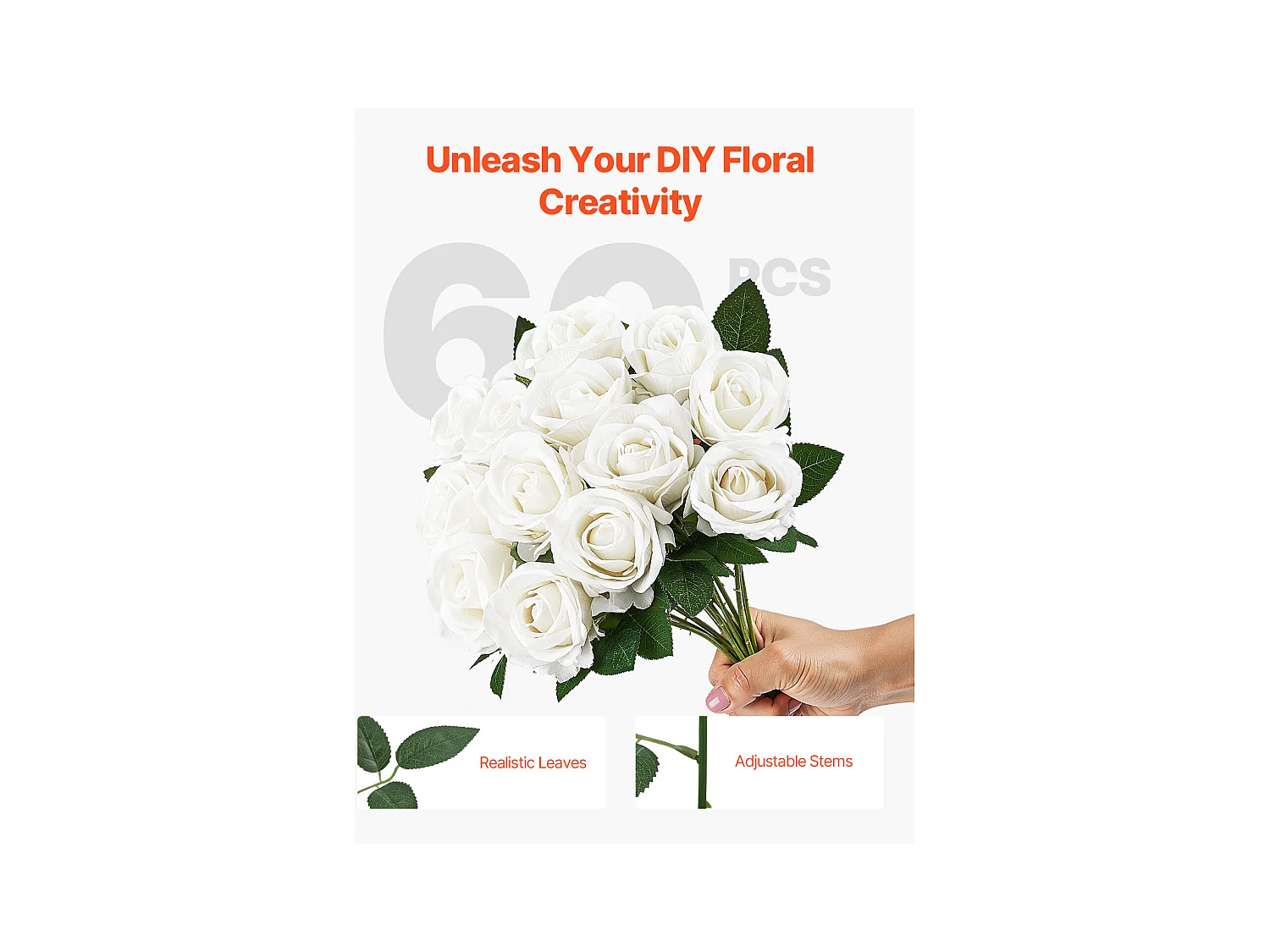 Rose Artificielle SucceBuy Fleurs Artificielles 508 mm, Bouquets de Fausses Fleurs Aspect Réaliste avec Tête de Rose 70 mm, Lot de 60, Blanc