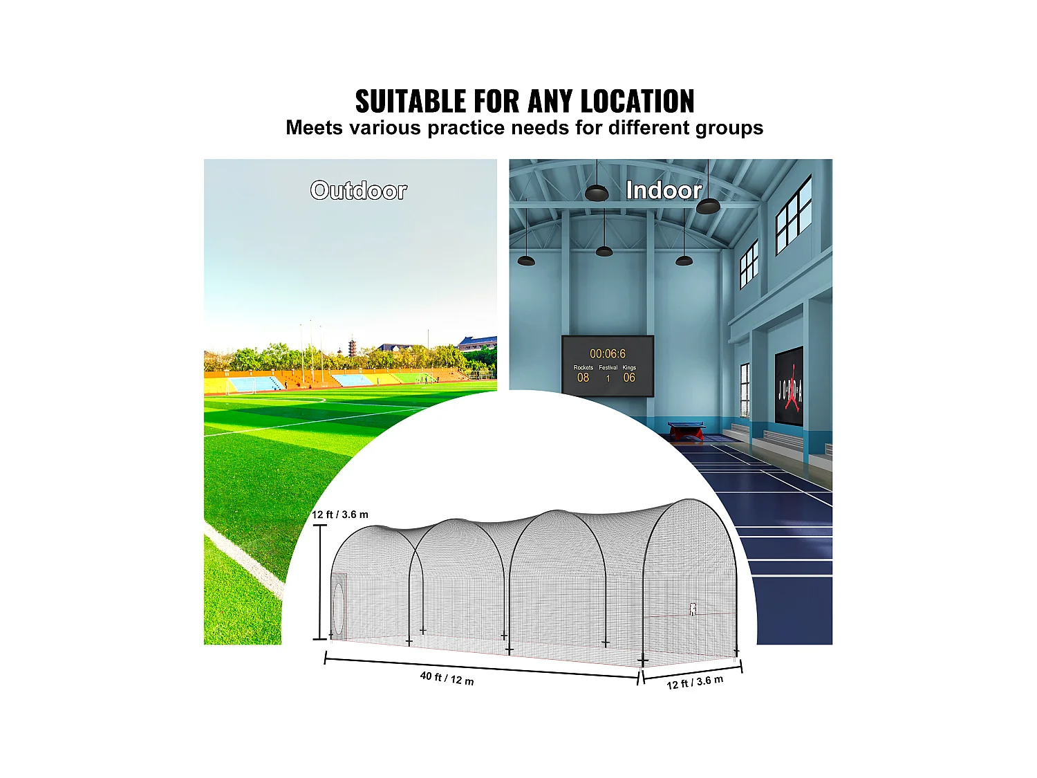 Filet et Cadre de Cage de Frappe de Baseball et de Softball SucceBuy, 12,2 m, pour Environnements Intérieurs et Extérieurs