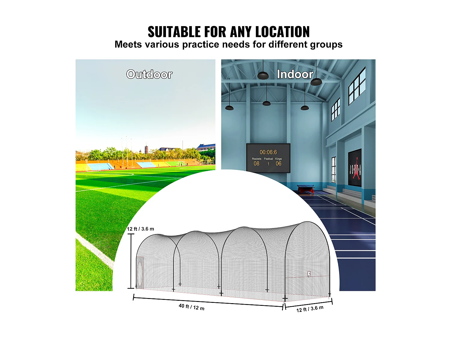 Filet et Cadre de Cage de Frappe de Baseball et de Softball SucceBuy, 12,2 m, pour Environnements Intérieurs et Extérieurs