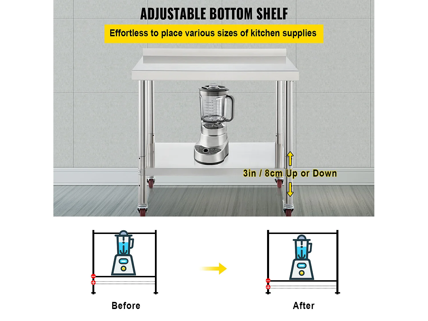 Table de Préparation SucceBuy en Acier Inoxydable, 76,2x61 cm avec Roulettes Cuisine