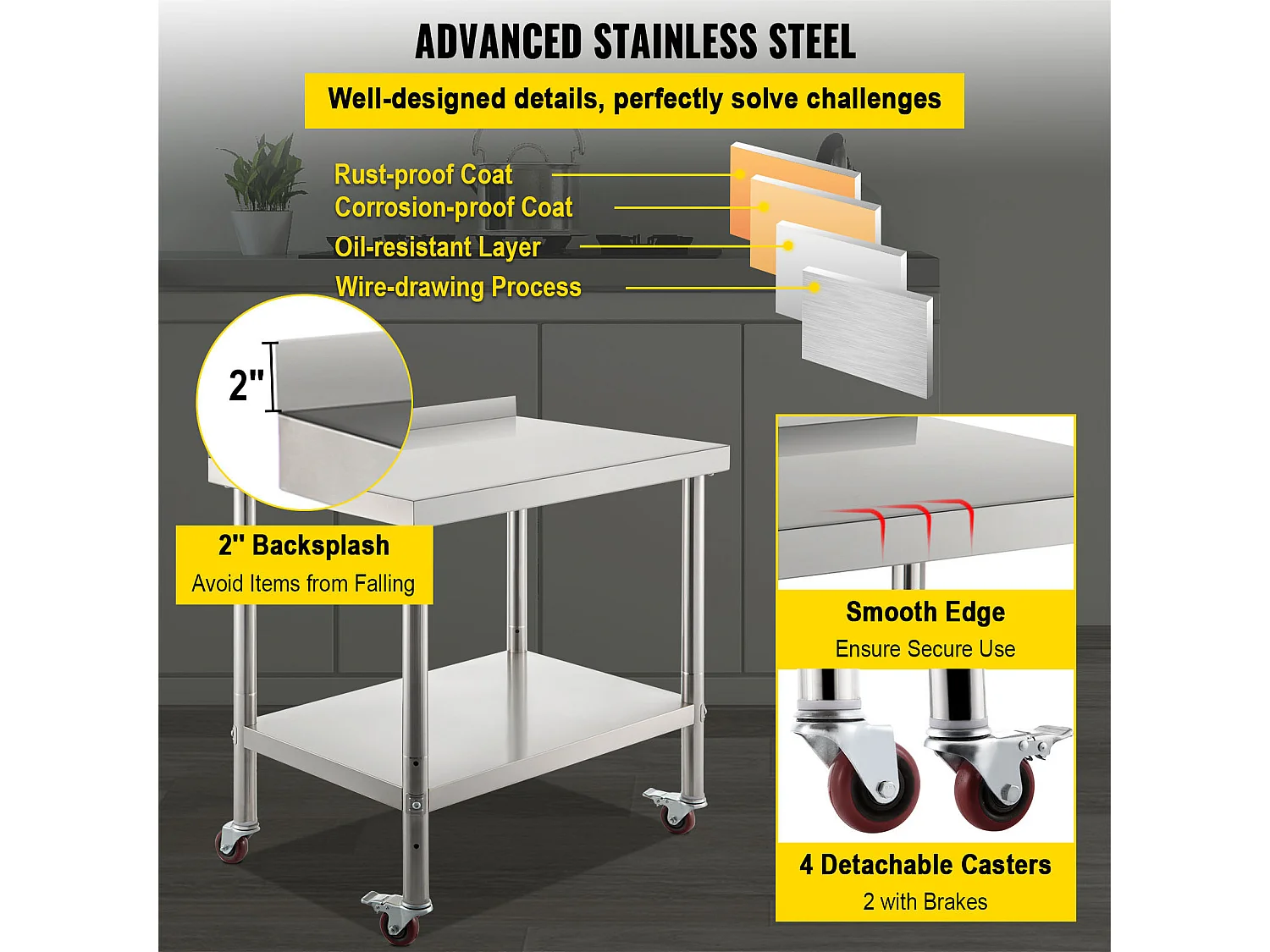 Table de Préparation SucceBuy en Acier Inoxydable, 76,2x61 cm avec Roulettes Cuisine