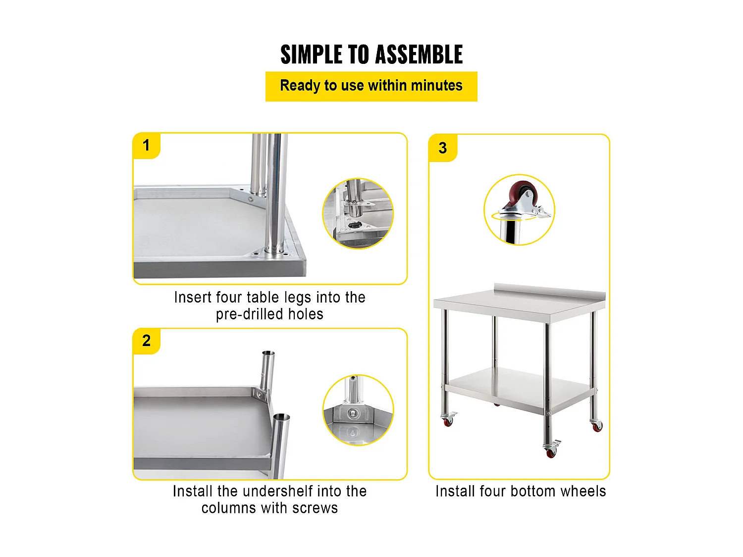 Table de Préparation SucceBuy en Acier Inoxydable, 76,2x61 cm avec Roulettes Cuisine
