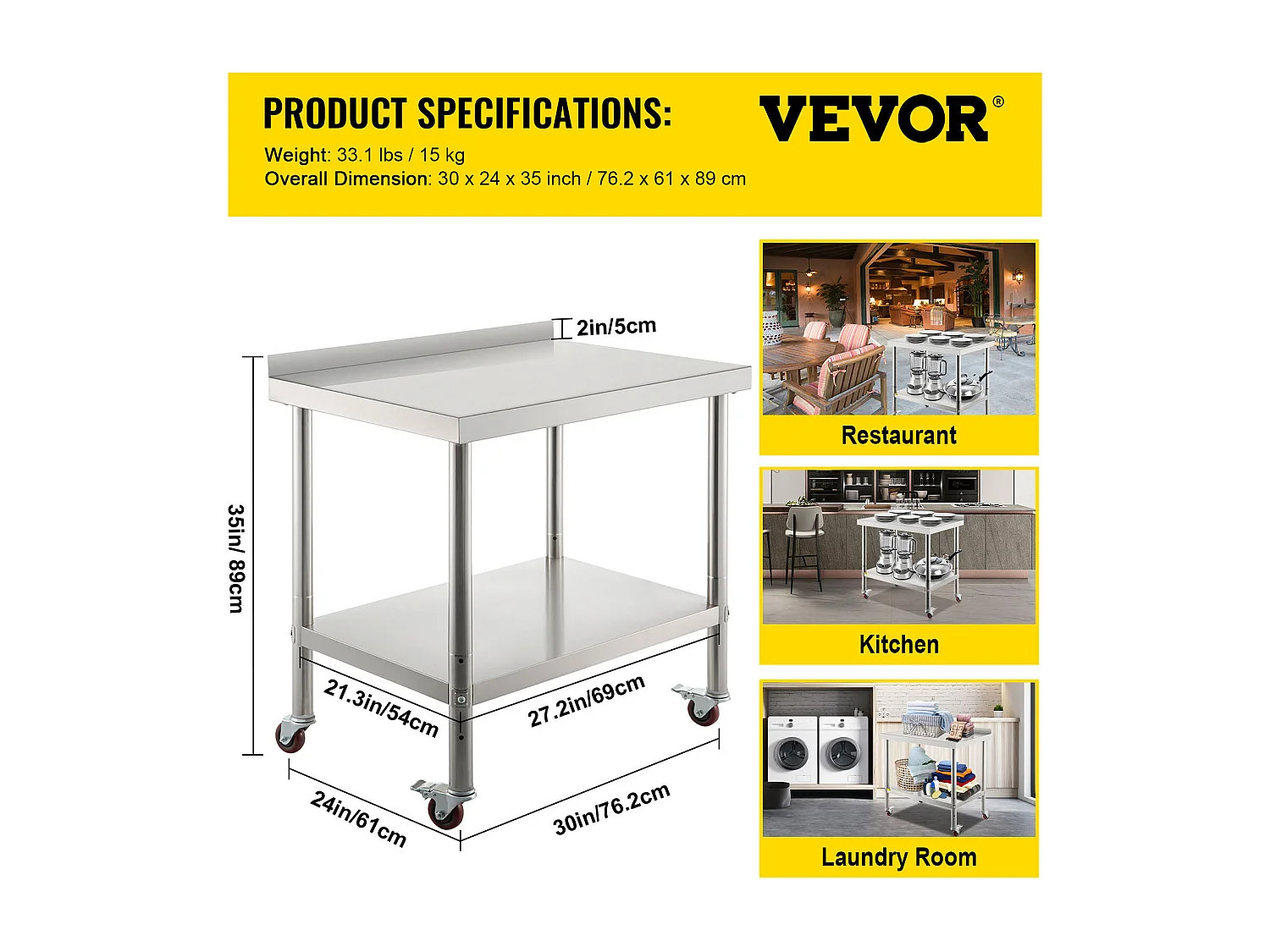 Table de Préparation SucceBuy en Acier Inoxydable, 76,2x61 cm avec Roulettes Cuisine