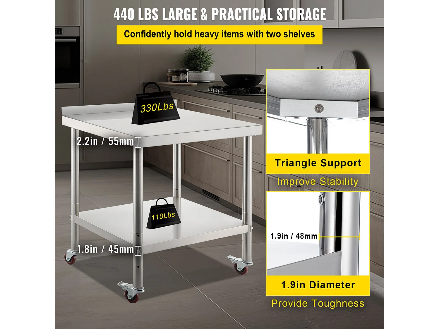 Table de Préparation SucceBuy en Acier Inoxydable, 76,2x61 cm avec Roulettes Cuisine