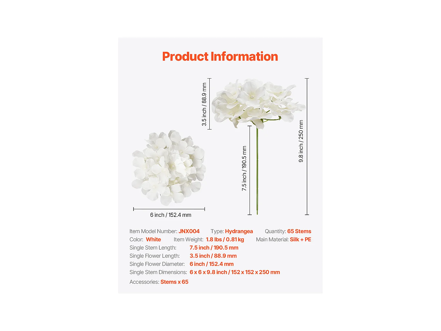 Hortensia Artificielle SucceBuy Fleurs Artificielles 250 mm, Bouquets de Fausses Fleurs Aspect Réaliste avec Tête 152,4 mm, Lot de 65, Blanc
