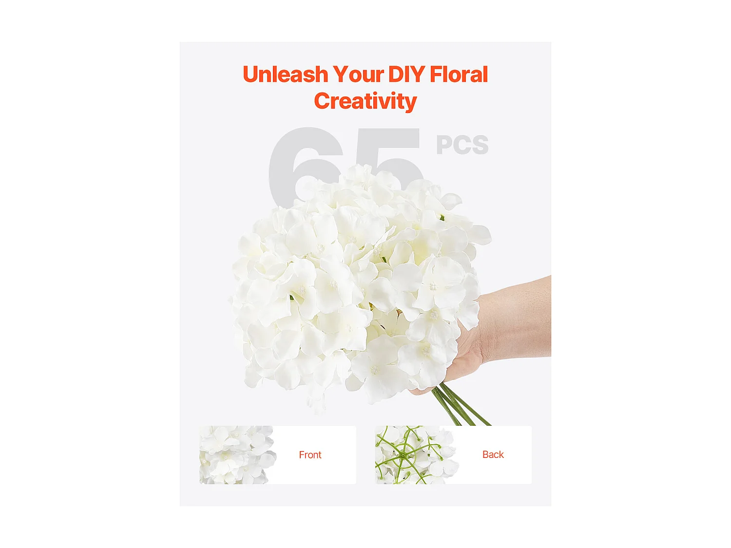 Hortensia Artificielle SucceBuy Fleurs Artificielles 250 mm, Bouquets de Fausses Fleurs Aspect Réaliste avec Tête 152,4 mm, Lot de 65, Blanc