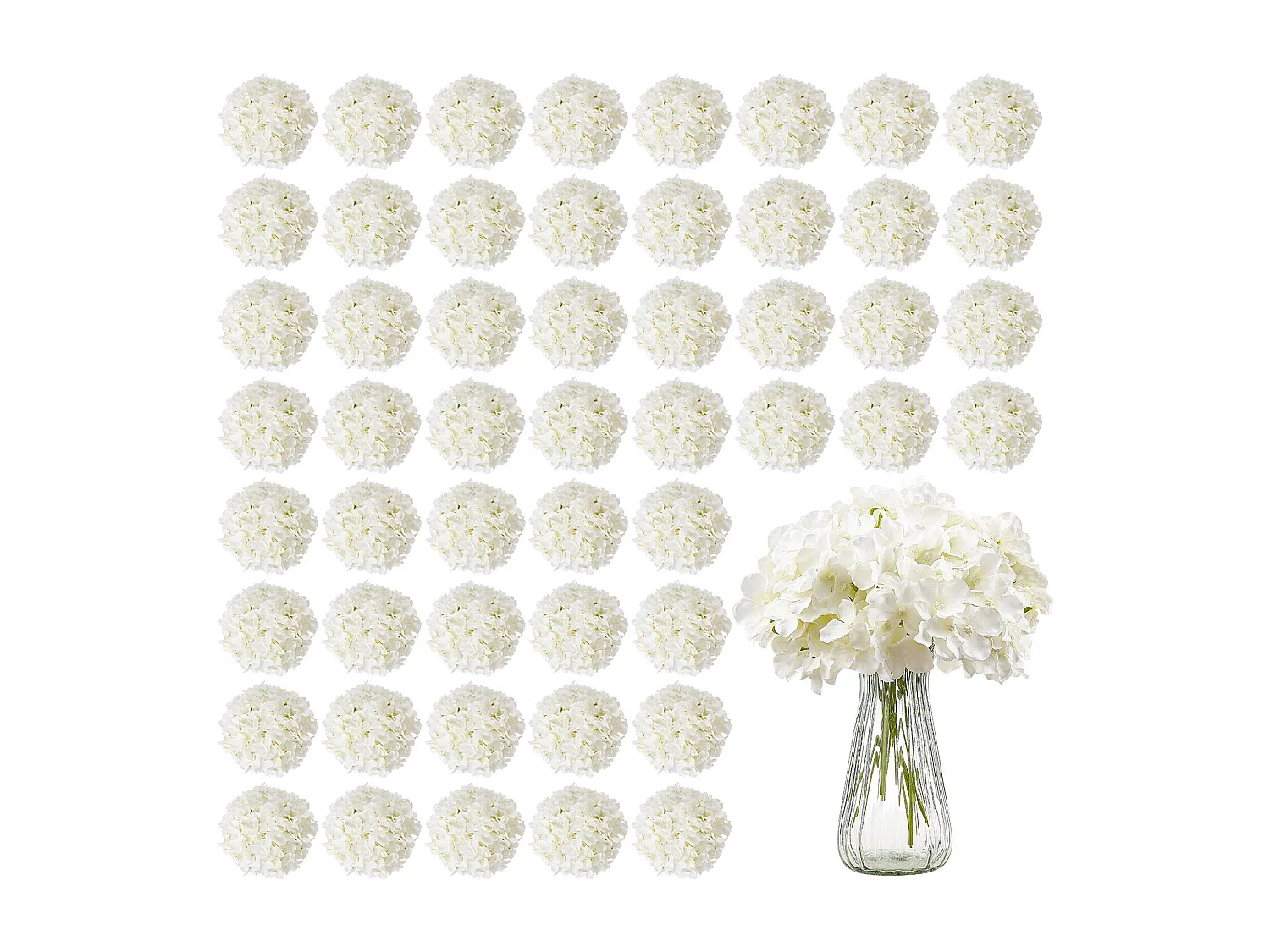 Hortensia Artificielle SucceBuy Fleurs Artificielles 250 mm, Bouquets de Fausses Fleurs Aspect Réaliste avec Tête 152,4 mm, Lot de 65, Blanc