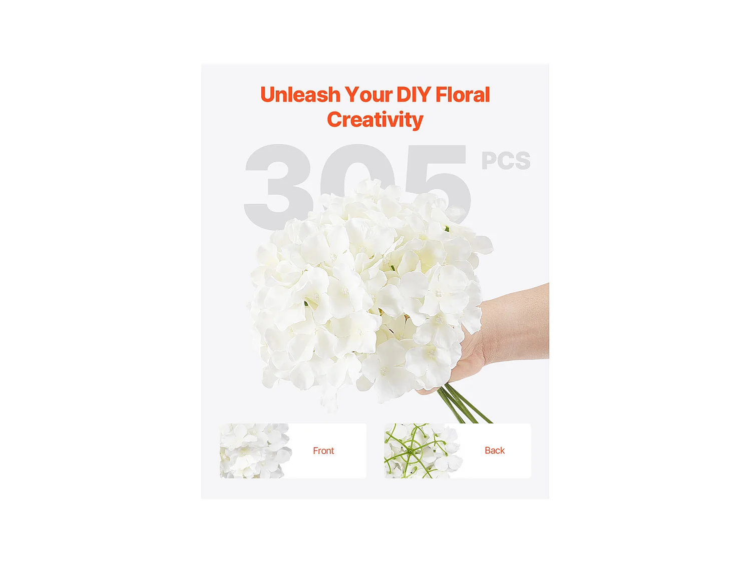 Hortensia Artificielle SucceBuy Fleurs Artificielles 250 mm, Bouquets de Fausses Fleurs Aspect Réaliste avec Tête 152,4 mm, Lot de 305, Blanc