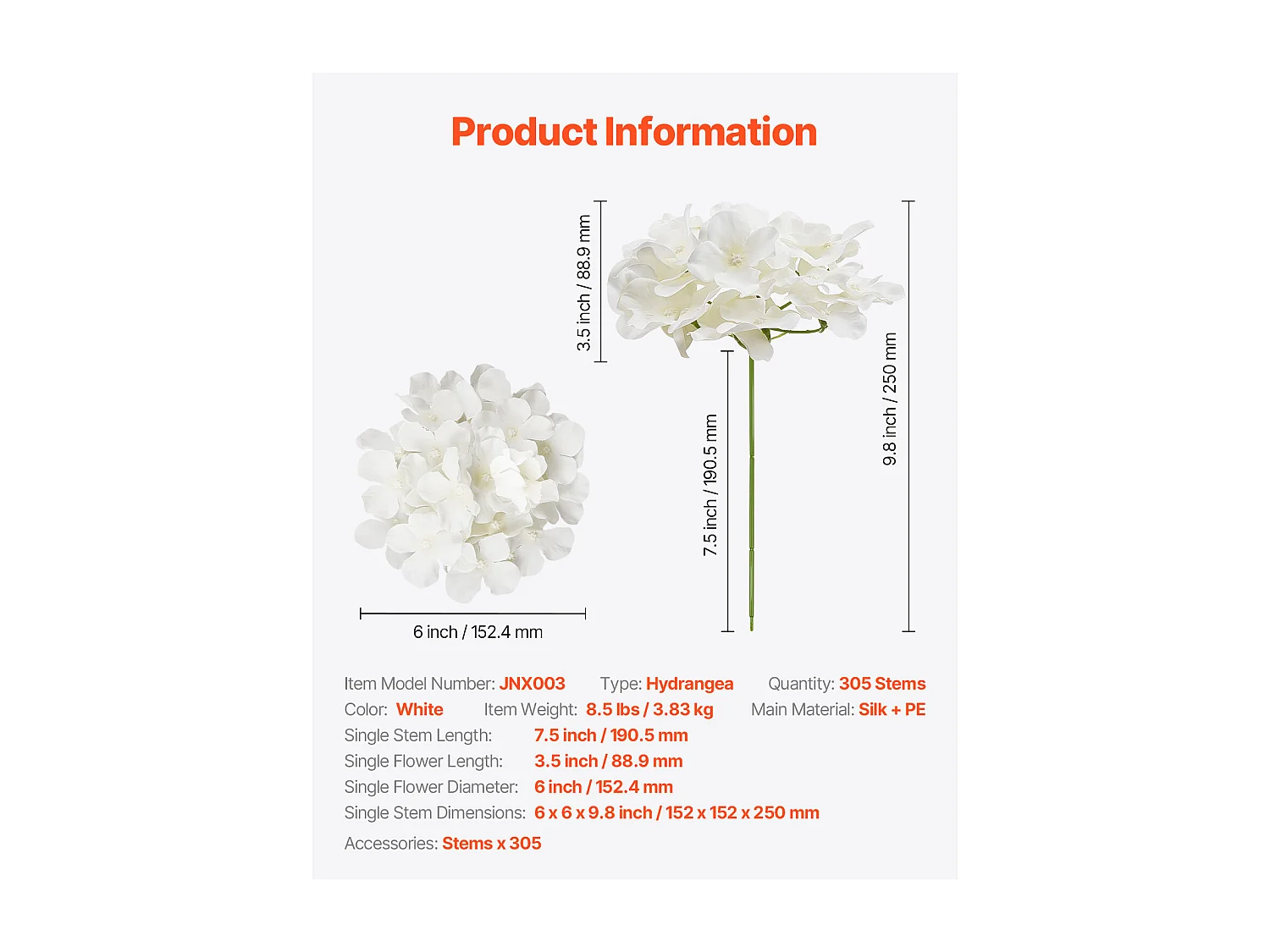 Hortensia Artificielle SucceBuy Fleurs Artificielles 250 mm, Bouquets de Fausses Fleurs Aspect Réaliste avec Tête 152,4 mm, Lot de 305, Blanc