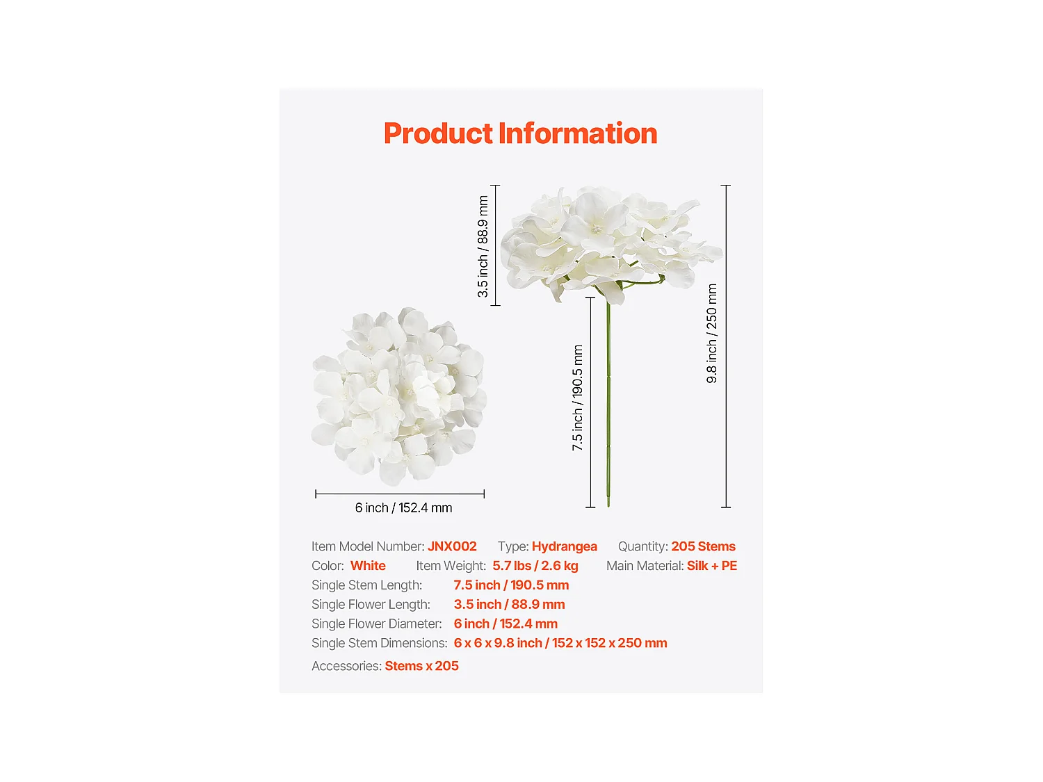 Hortensia Artificielle SucceBuy Fleurs Artificielles 250 mm, Bouquets de Fausses Fleurs Aspect Réaliste avec Tête 152,4 mm, Lot de 205, Blanc