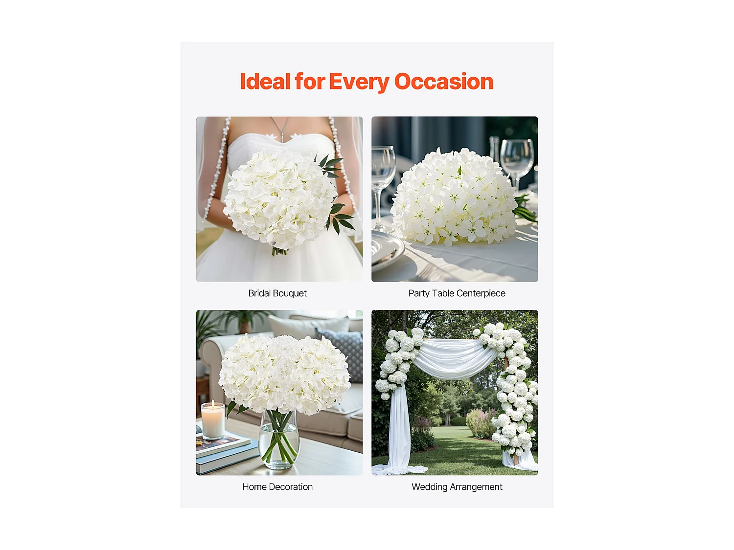 Hortensia Artificielle SucceBuy Fleurs Artificielles 250 mm, Bouquets de Fausses Fleurs Aspect Réaliste avec Tête 152,4 mm, Lot de 205, Blanc