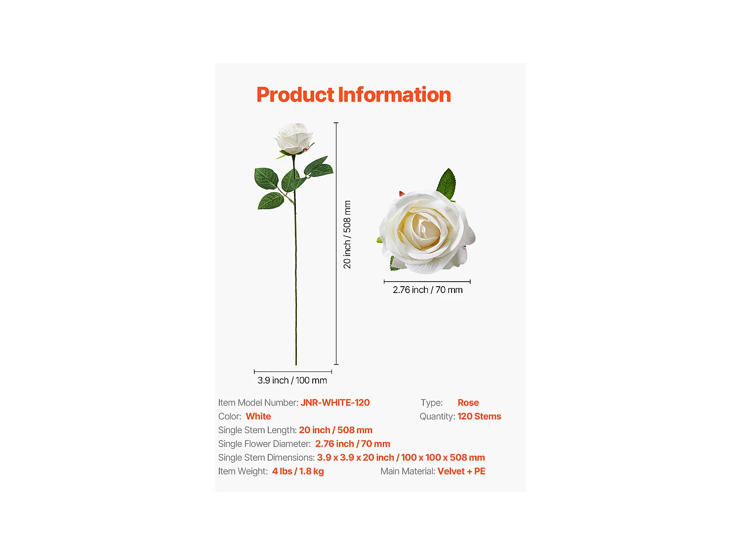 Rose Artificielle SucceBuy Fleurs Artificielles 508 mm, Bouquets de Fausses Fleurs Aspect Réaliste avec Tête de Rose 70 mm, Lot de 120, Blanc