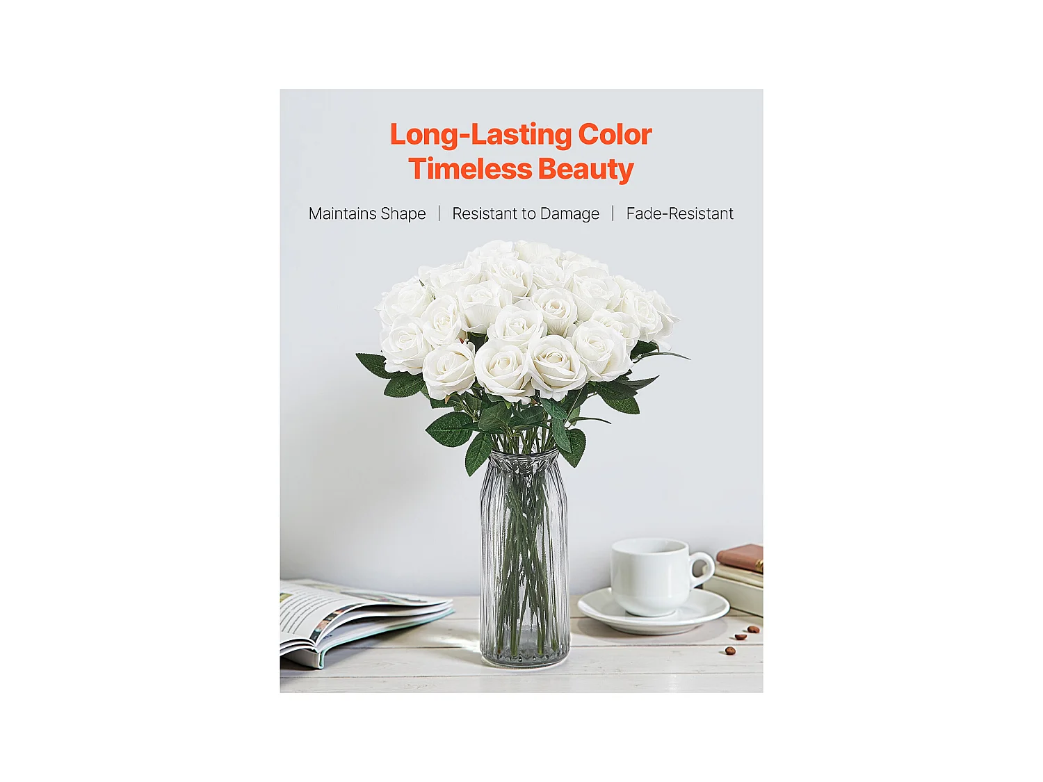 Rose Artificielle SucceBuy Fleurs Artificielles 508 mm, Bouquets de Fausses Fleurs Aspect Réaliste avec Tête de Rose 70 mm, Lot de 120, Blanc