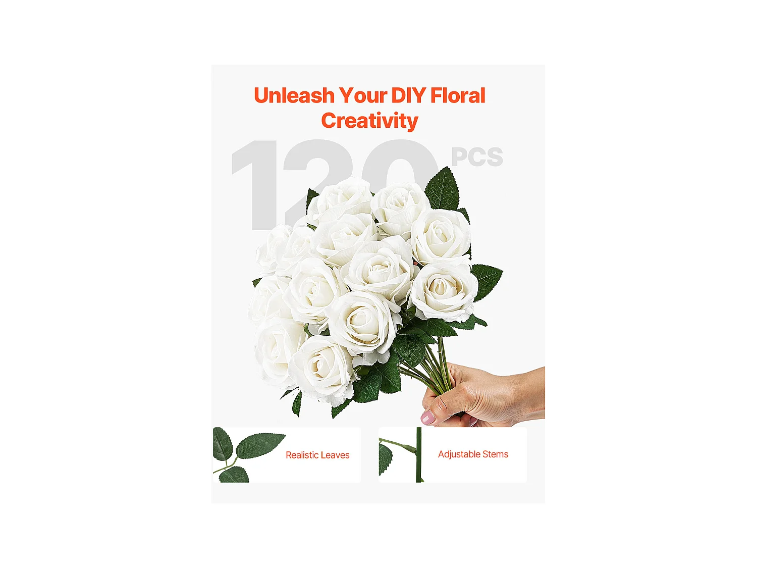 Rose Artificielle SucceBuy Fleurs Artificielles 508 mm, Bouquets de Fausses Fleurs Aspect Réaliste avec Tête de Rose 70 mm, Lot de 120, Blanc