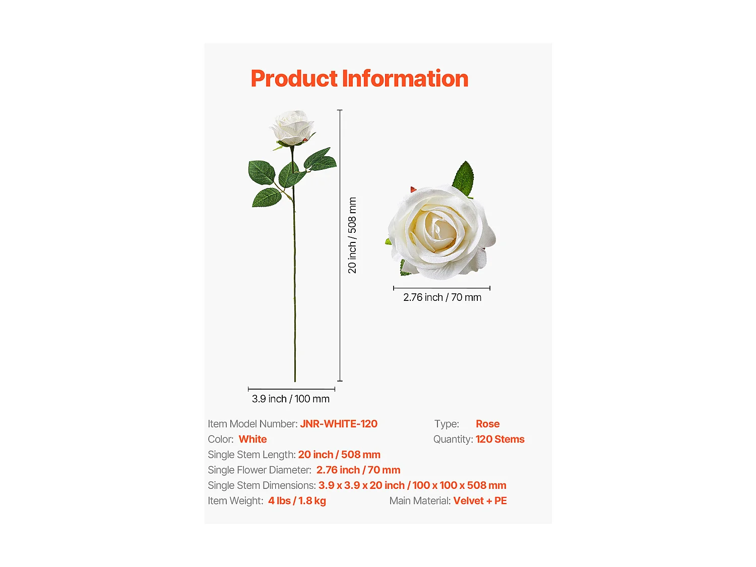 Rose Artificielle SucceBuy Fleurs Artificielles 508 mm, Bouquets de Fausses Fleurs Aspect Réaliste avec Tête de Rose 70 mm, Lot de 120, Blanc