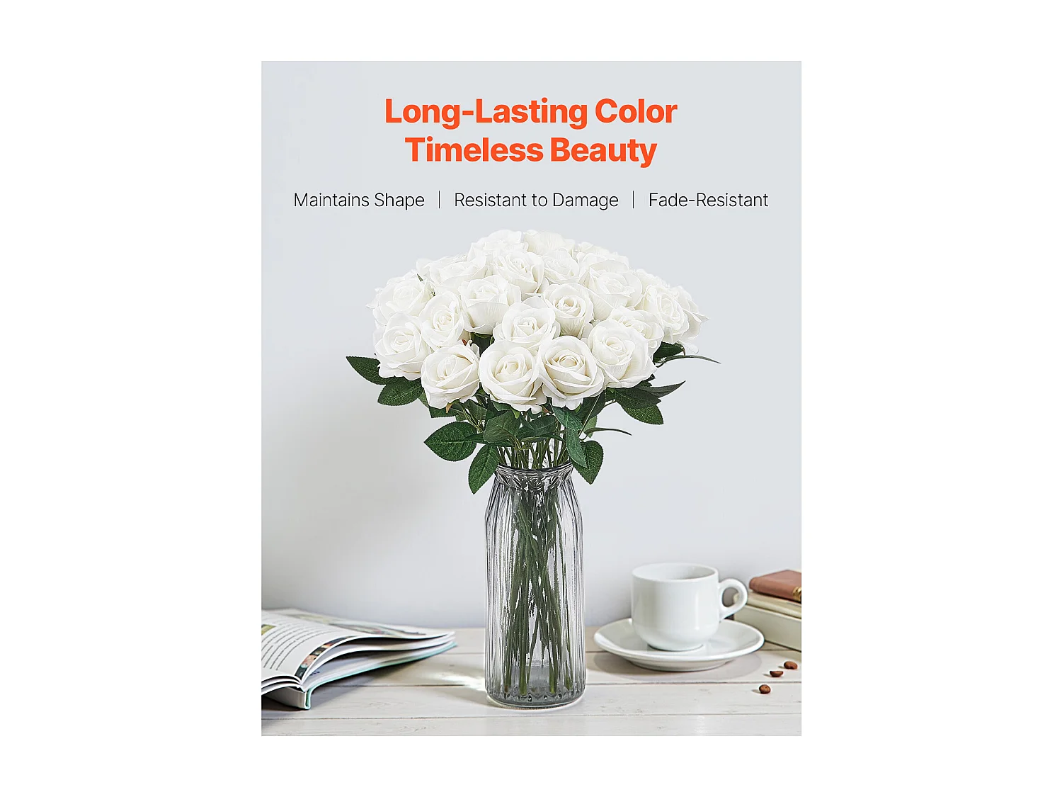 Rose Artificielle SucceBuy Fleurs Artificielles 508 mm, Bouquets de Fausses Fleurs Aspect Réaliste avec Tête de Rose 70 mm, Lot de 120, Blanc