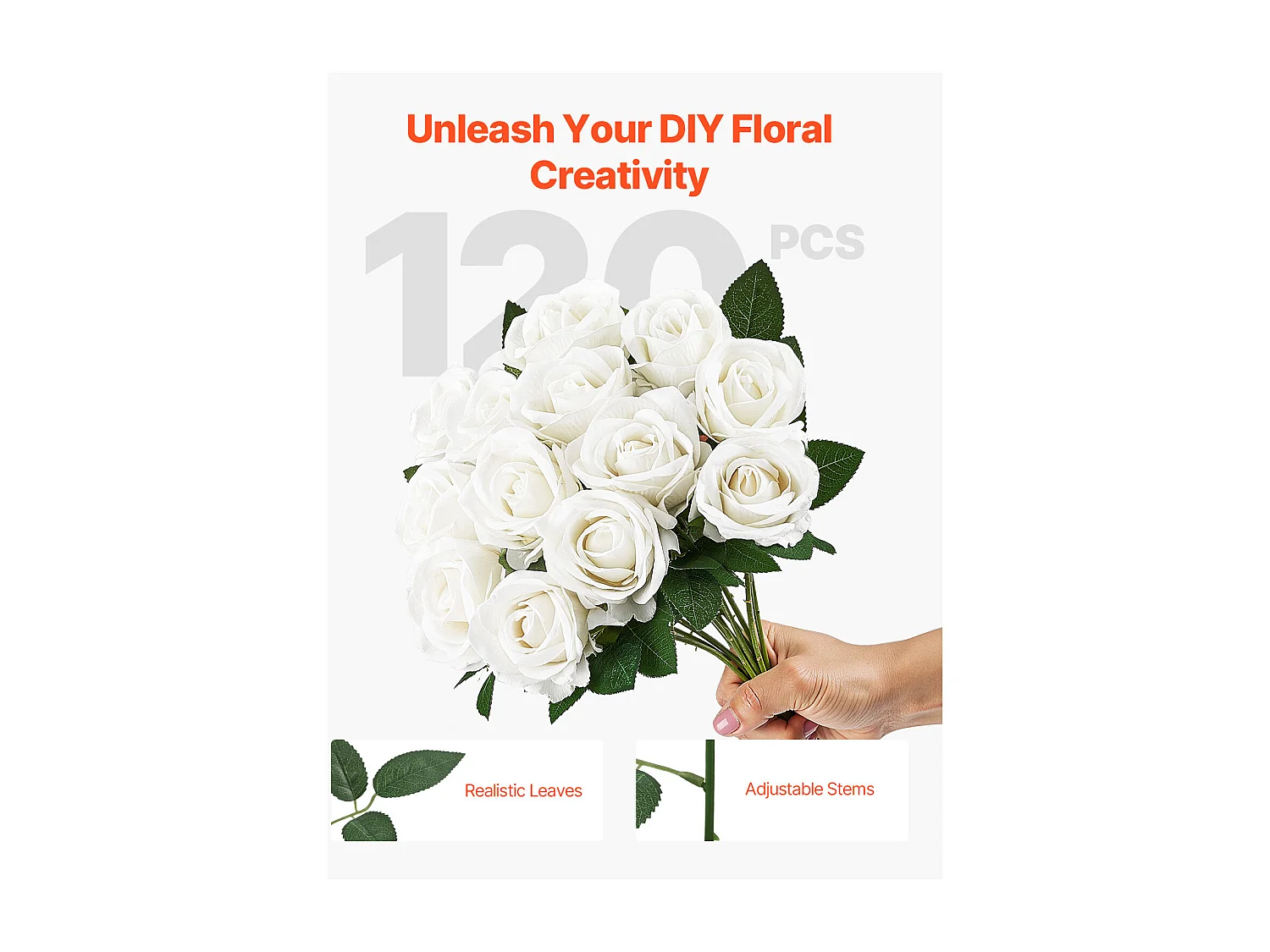 Rose Artificielle SucceBuy Fleurs Artificielles 508 mm, Bouquets de Fausses Fleurs Aspect Réaliste avec Tête de Rose 70 mm, Lot de 120, Blanc