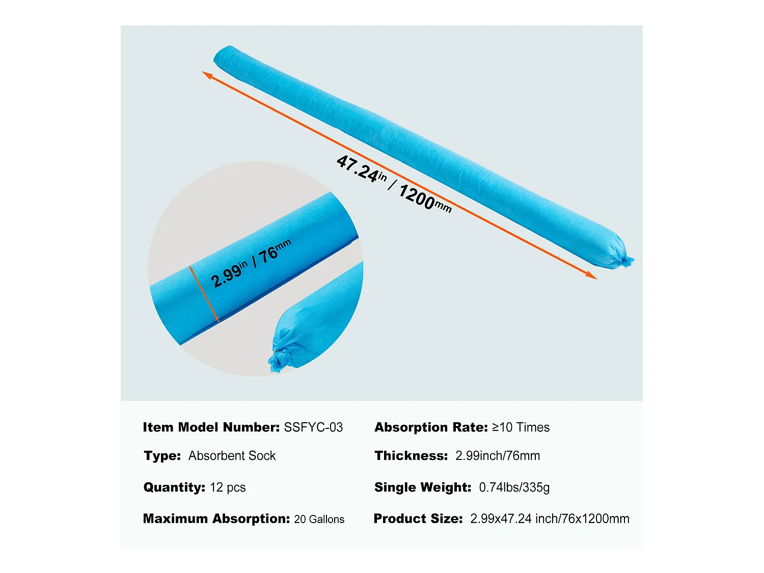 Tampons Absorbants Anti-Déversement, SucceBuy Chaussette Absorbante Universelle, 75,7 L, 7,6 × 120 cm, Absorbant l'Eau, 12 Pièces