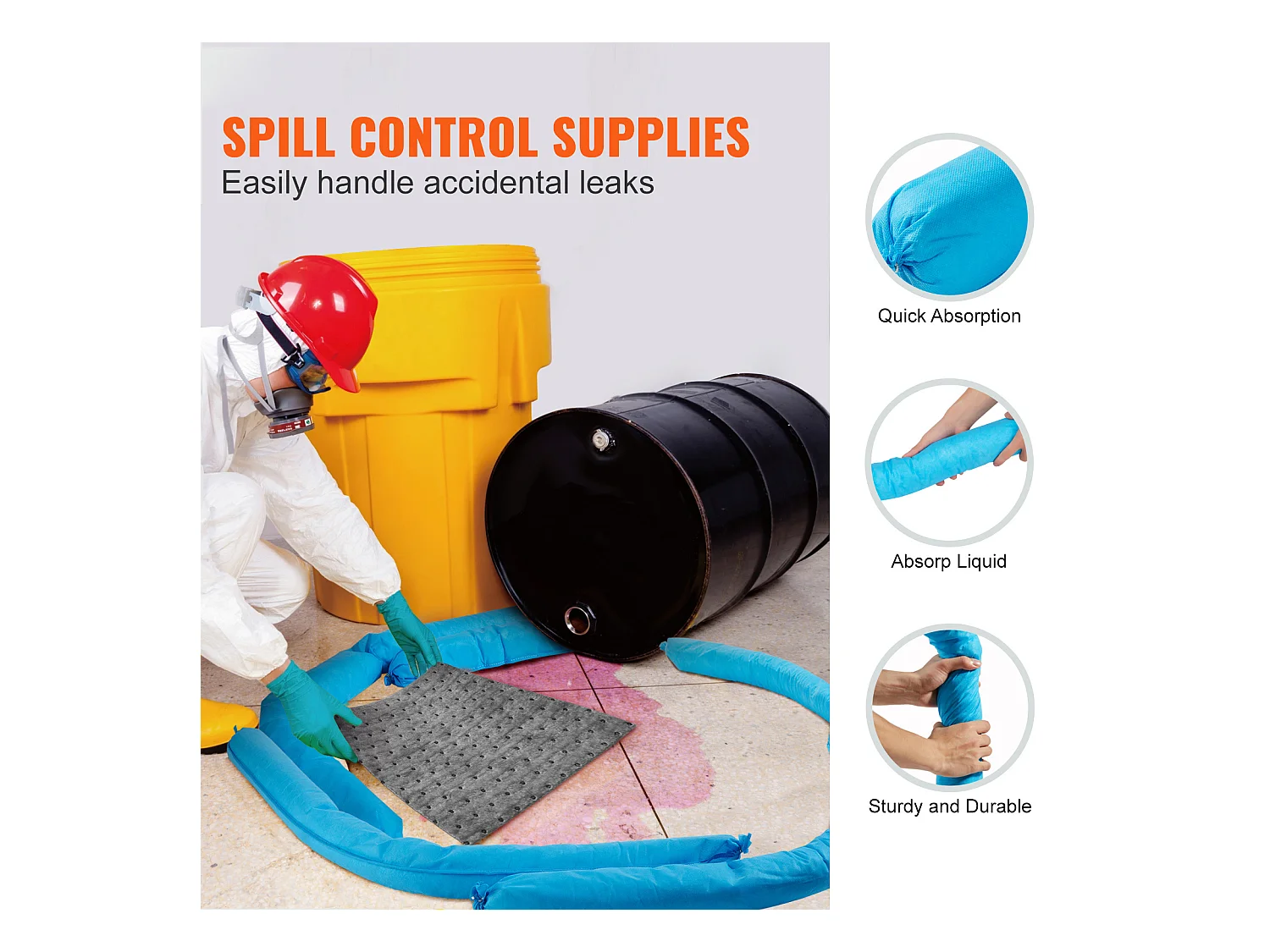 Tampons Absorbants Anti-Déversement, SucceBuy Chaussette Absorbante Universelle, 75,7 L, 7,6 × 120 cm, Absorbant l'Eau, 12 Pièces