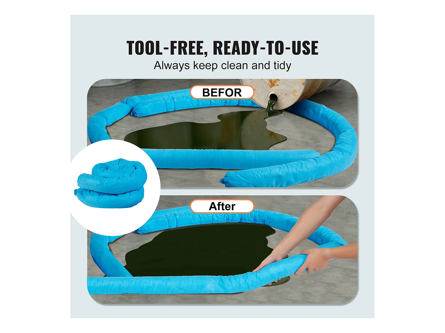 Tampons Absorbants Anti-Déversement, SucceBuy Chaussette Absorbante Universelle, 75,7 L, 7,6 × 120 cm, Absorbant l'Eau, 12 Pièces