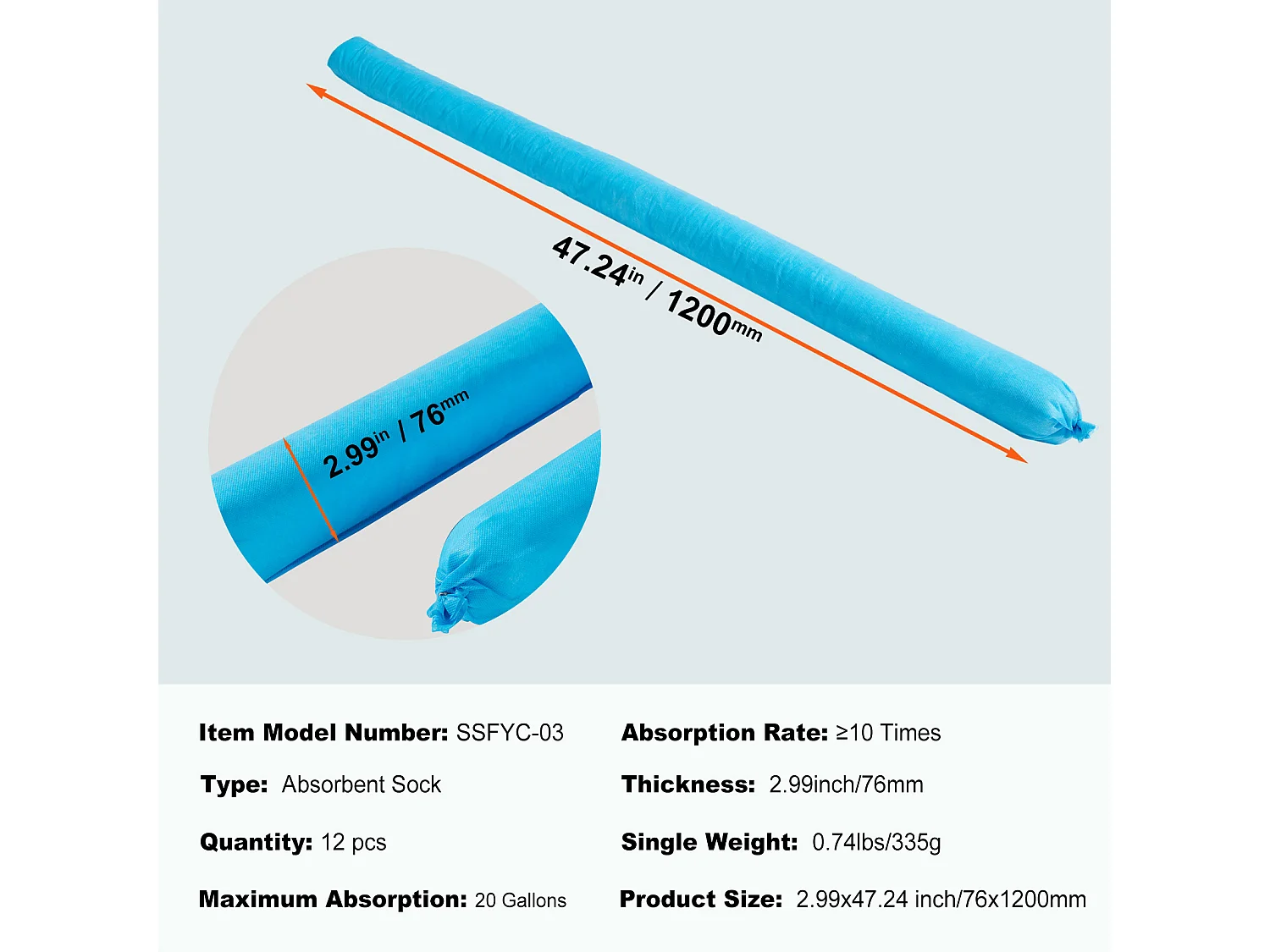 Tampons Absorbants Anti-Déversement, SucceBuy Chaussette Absorbante Universelle, 75,7 L, 7,6 × 120 cm, Absorbant l'Eau, 12 Pièces