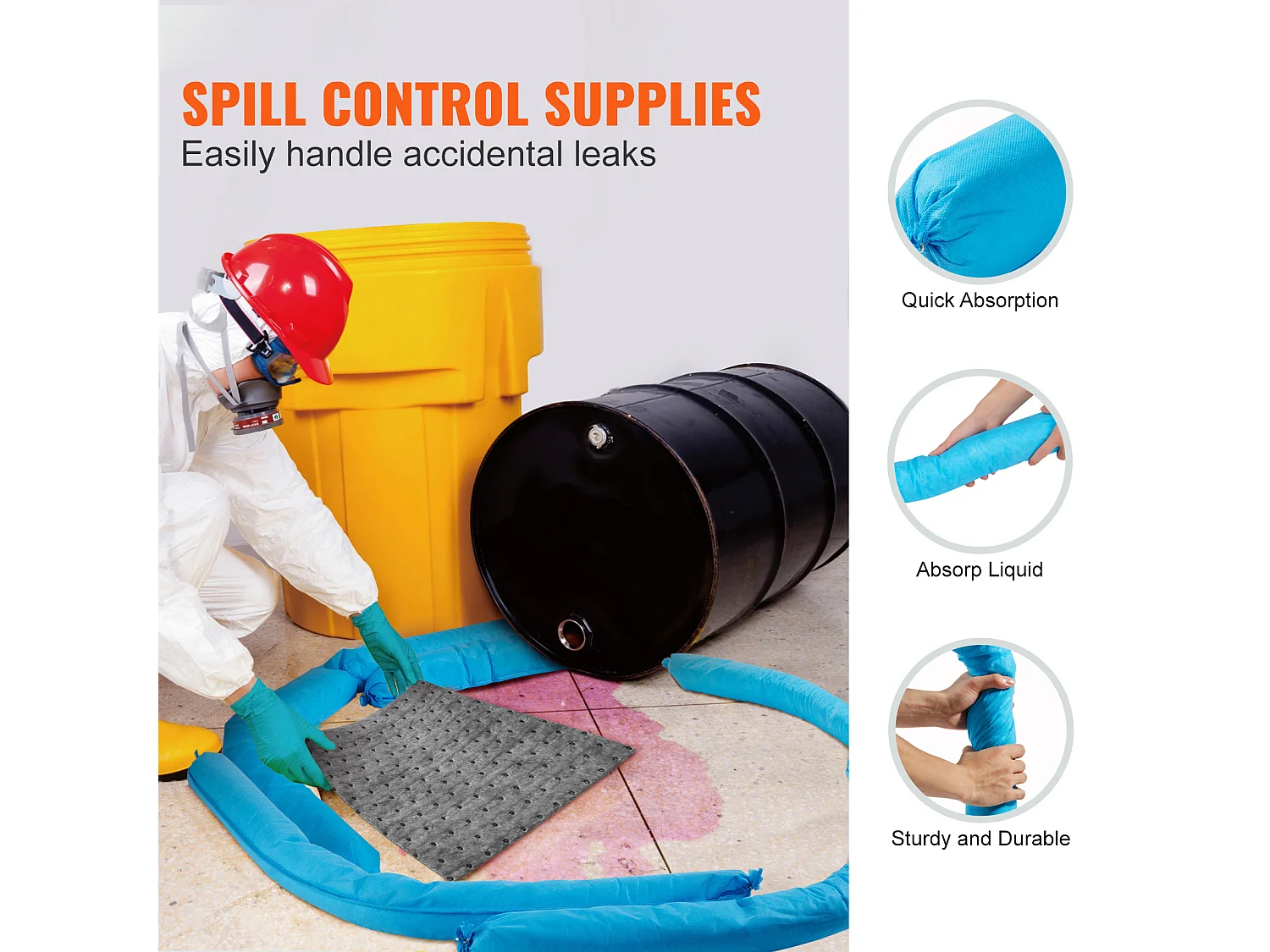 Tampons Absorbants Anti-Déversement, SucceBuy Chaussette Absorbante Universelle, 75,7 L, 7,6 × 120 cm, Absorbant l'Eau, 12 Pièces