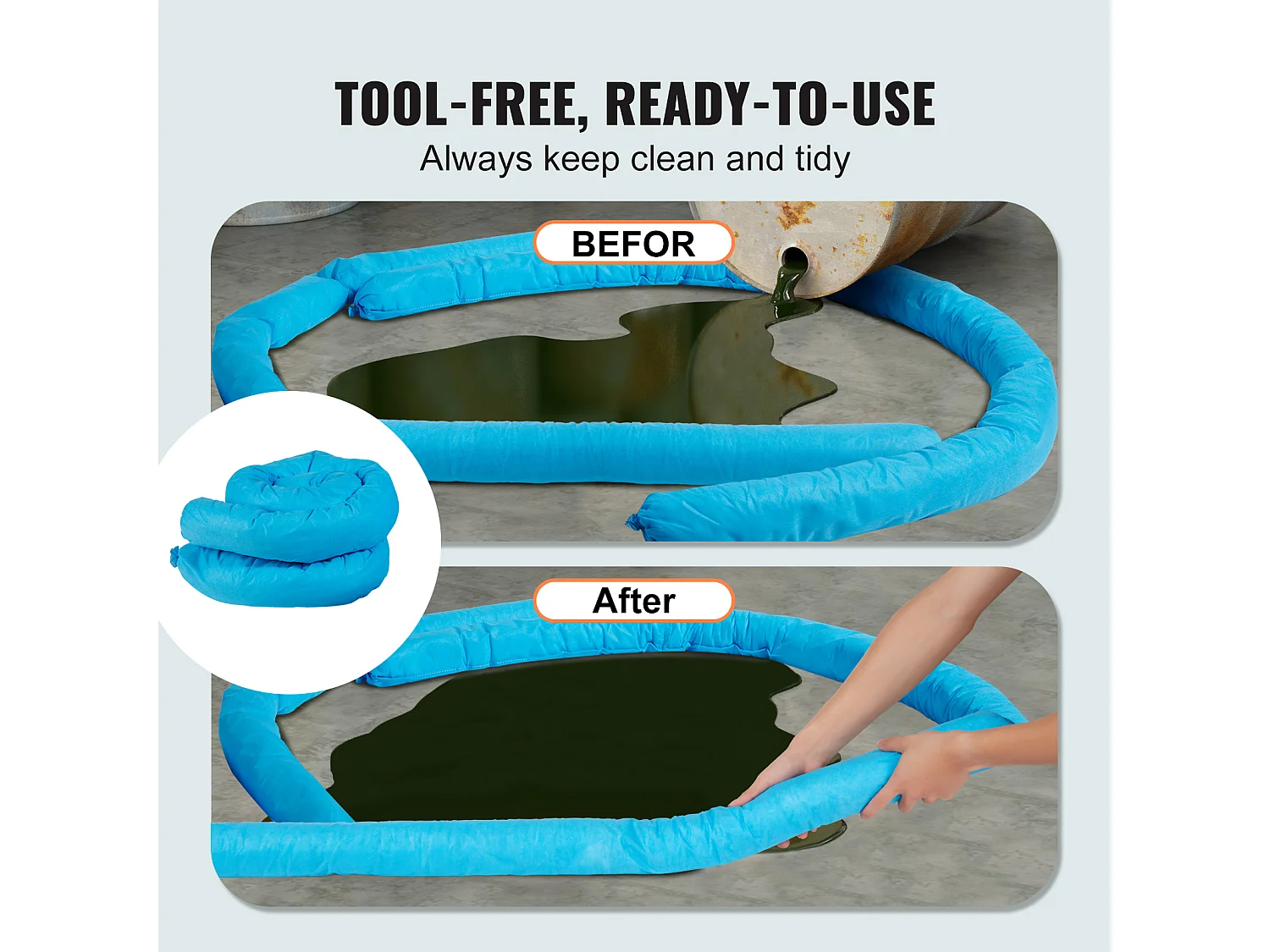 Tampons Absorbants Anti-Déversement, SucceBuy Chaussette Absorbante Universelle, 75,7 L, 7,6 × 120 cm, Absorbant l'Eau, 12 Pièces