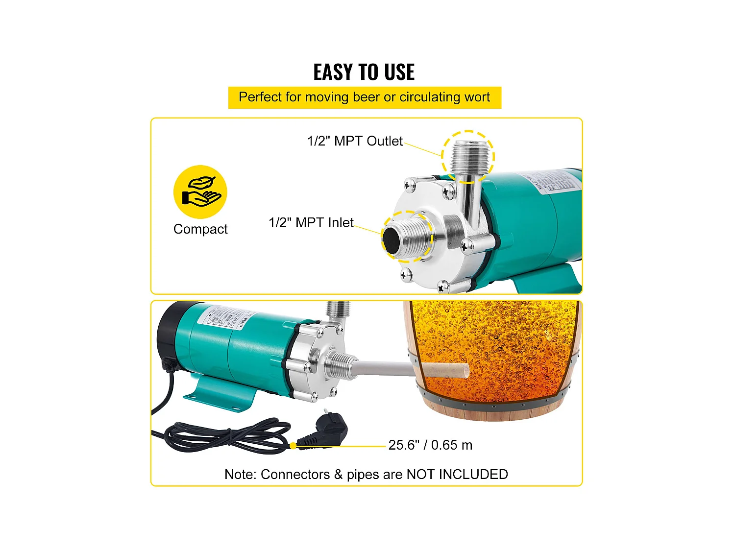 Pompe à Bière, SucceBuy Pompe à Bière Magnétique, 1,27 cm MPT, Tête en Acier Inoxydable de Qualité Alimentaire