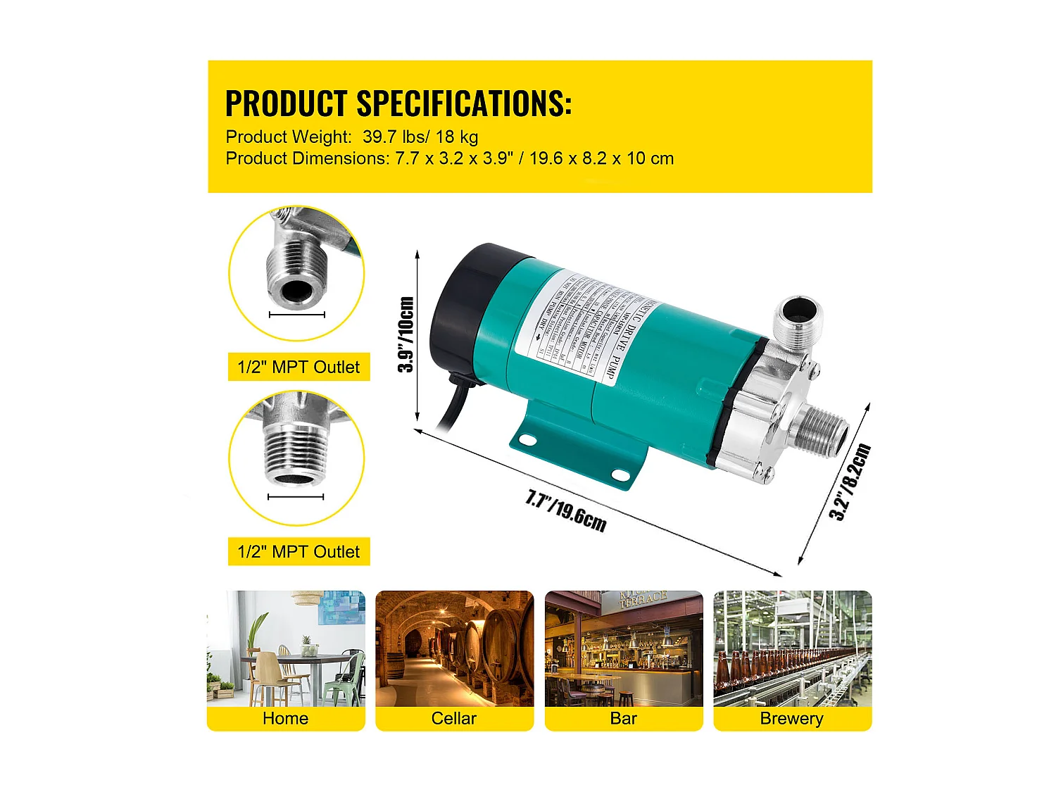 Pompe à Bière, SucceBuy Pompe à Bière Magnétique, 1,27 cm MPT, Tête en Acier Inoxydable de Qualité Alimentaire