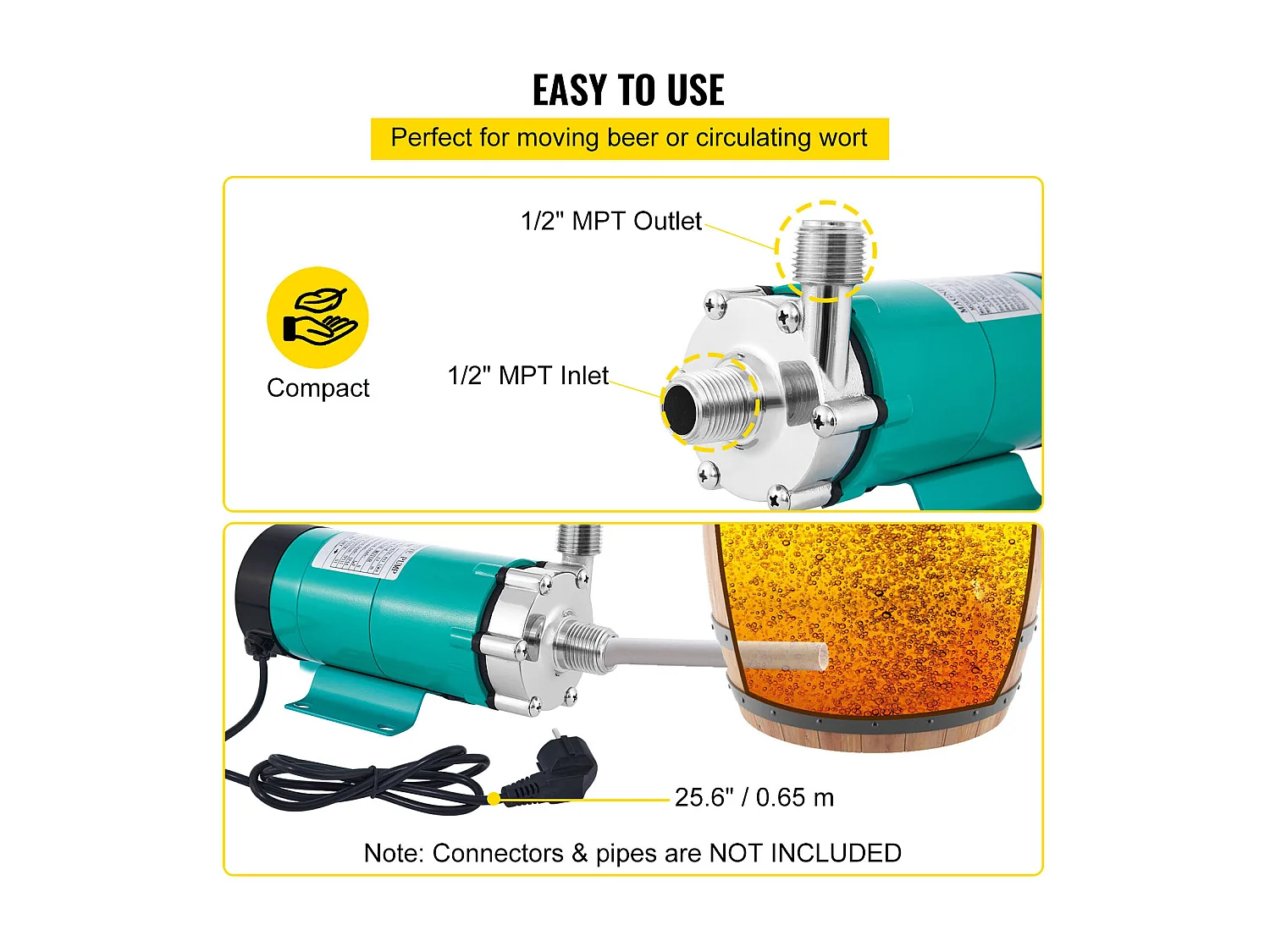 Pompe à Bière, SucceBuy Pompe à Bière Magnétique, 1,27 cm MPT, Tête en Acier Inoxydable de Qualité Alimentaire
