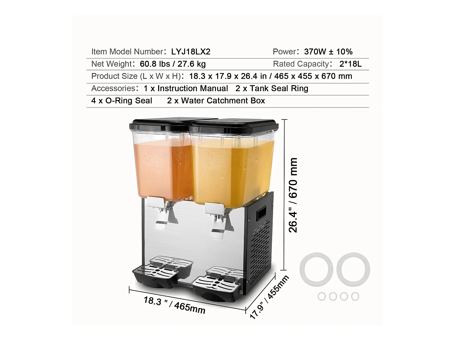 Distributeur de Boissons Commerciales SucceBuy 18L x 2 Réservoirs, 370W, Distributeur de Boissons Froides pour Fêtes