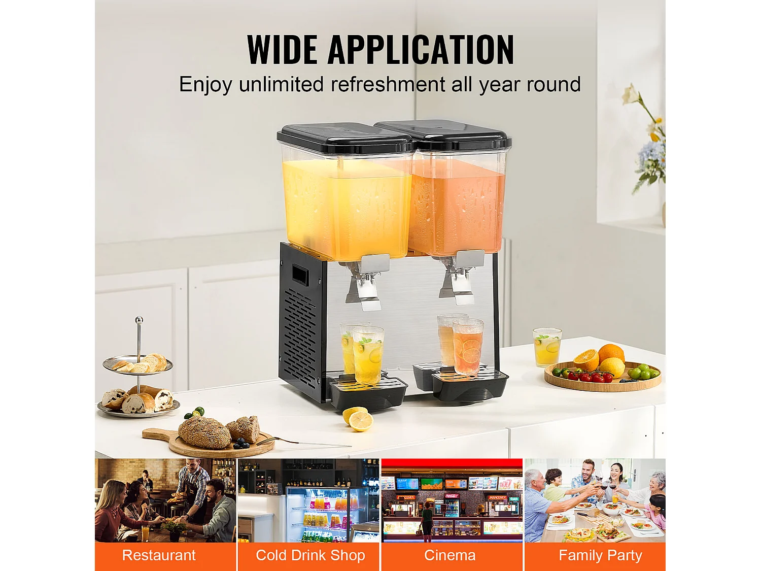 Distributeur de Boissons Commerciales SucceBuy 18L x 2 Réservoirs, 370W, Distributeur de Boissons Froides pour Fêtes