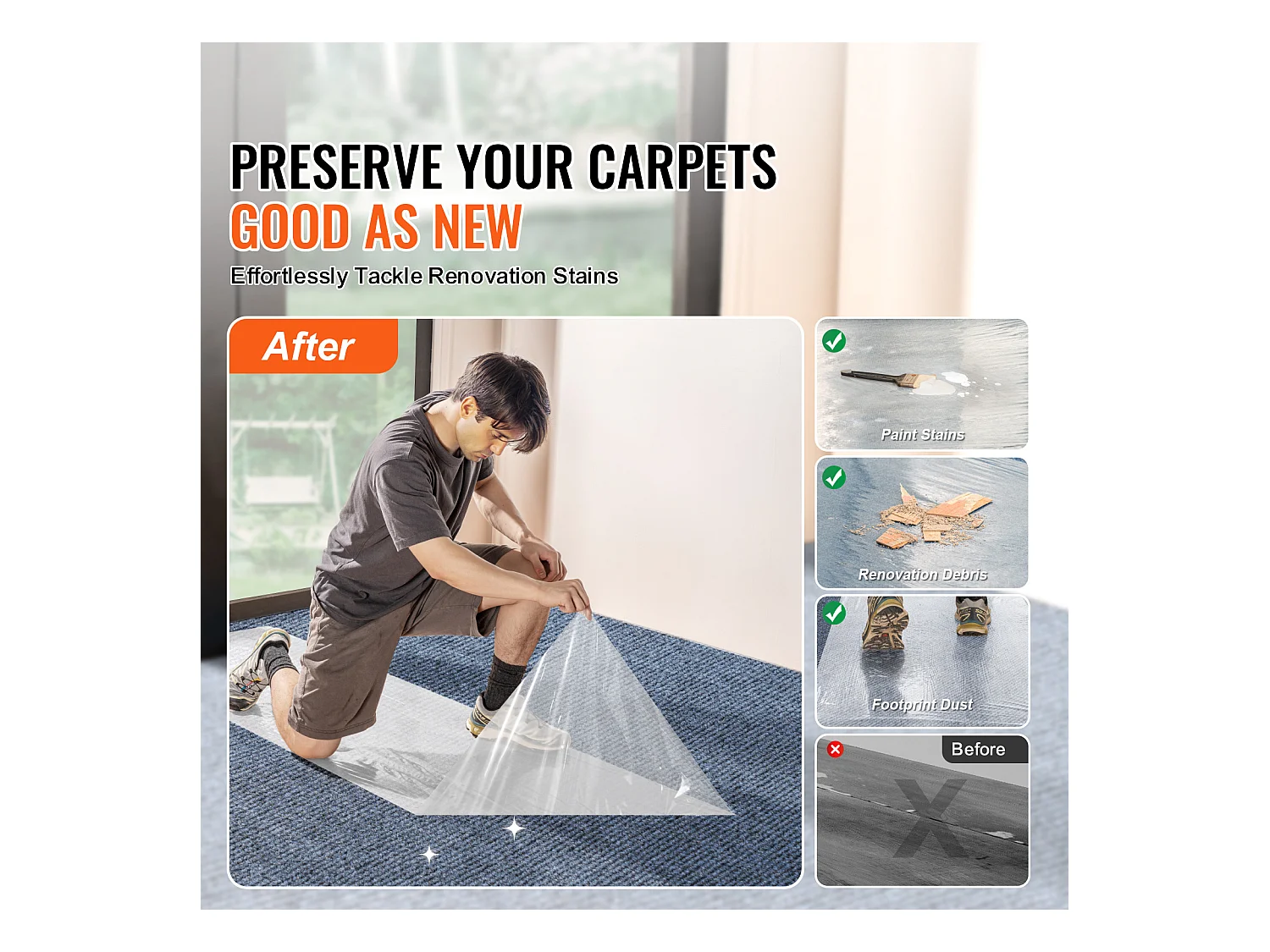 Film de Protection de Tapis SucceBuy, 61 x 3048 cm, Protecteur de Tapis PE Autocollant, Compatible avec Toute une Gamme de Matériaux de Tapis