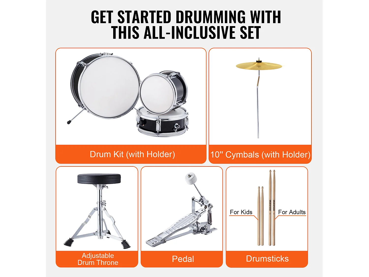 Ensemble de Batterie pour Enfants SucceBuy, 3 Pièces, 355 mm, Kit de Batterie pour Débutant avec Trône Réglable, Cymbale, Deux Baguettes